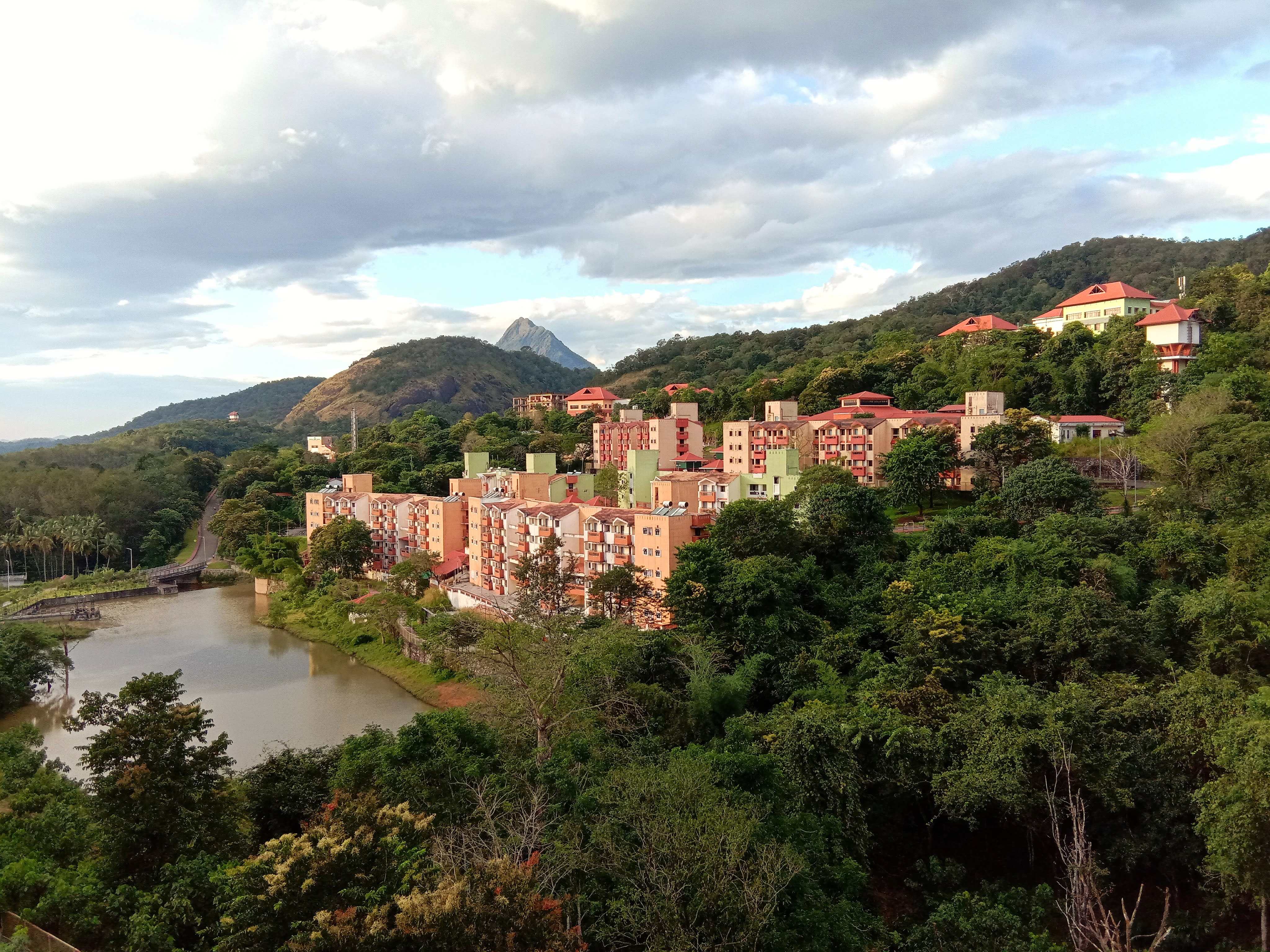 Hostel complex (middle) and Academic Block (top right, to the left of the water tower)
