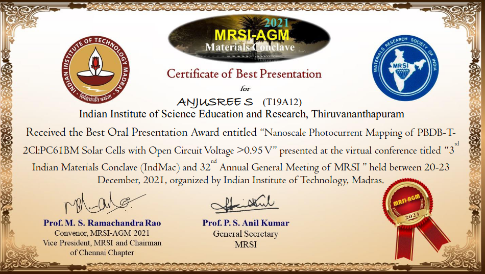 Anjusree Best Presenter Certificate