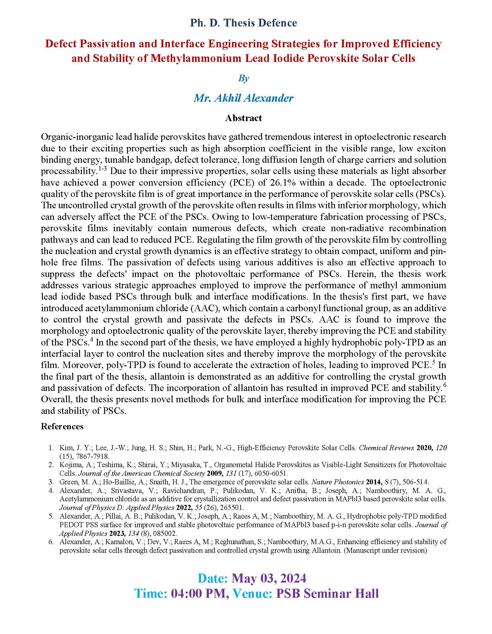 Ph. D. Thesis Defence by Mr. Akhil Alexander