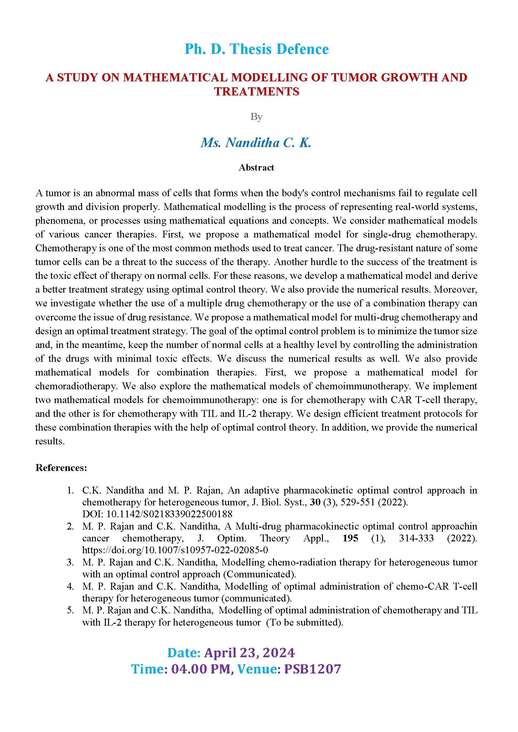 Ph. D. Thesis Defence by Nanditha C K
