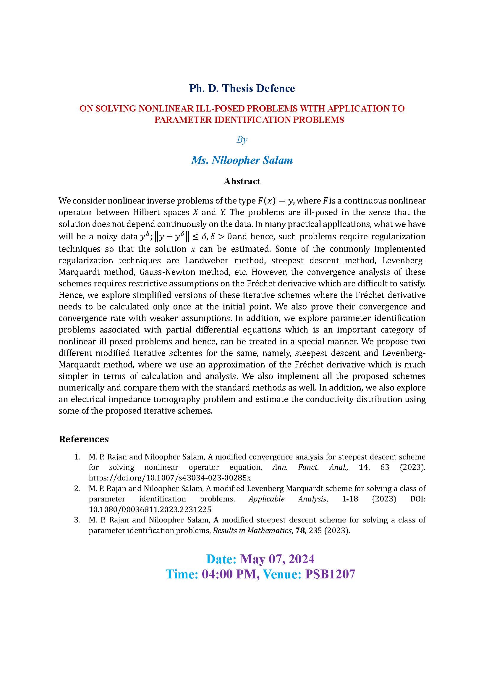 Ph. D. Thesis Defence by Ms. Niloopher Salam
