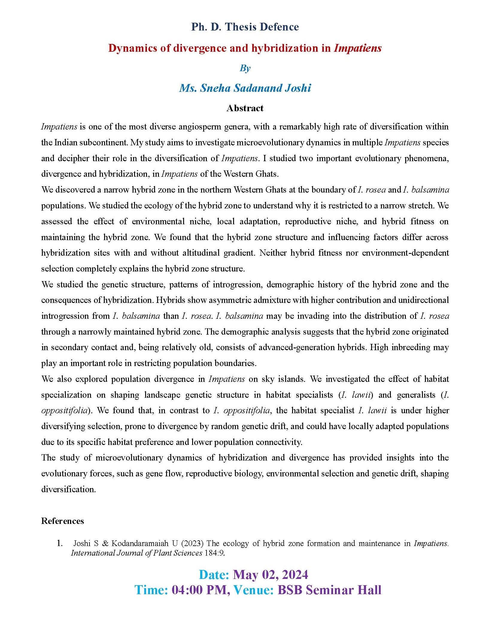 Ph. D. Thesis Defence by Ms. Sneha Sadanand Joshi